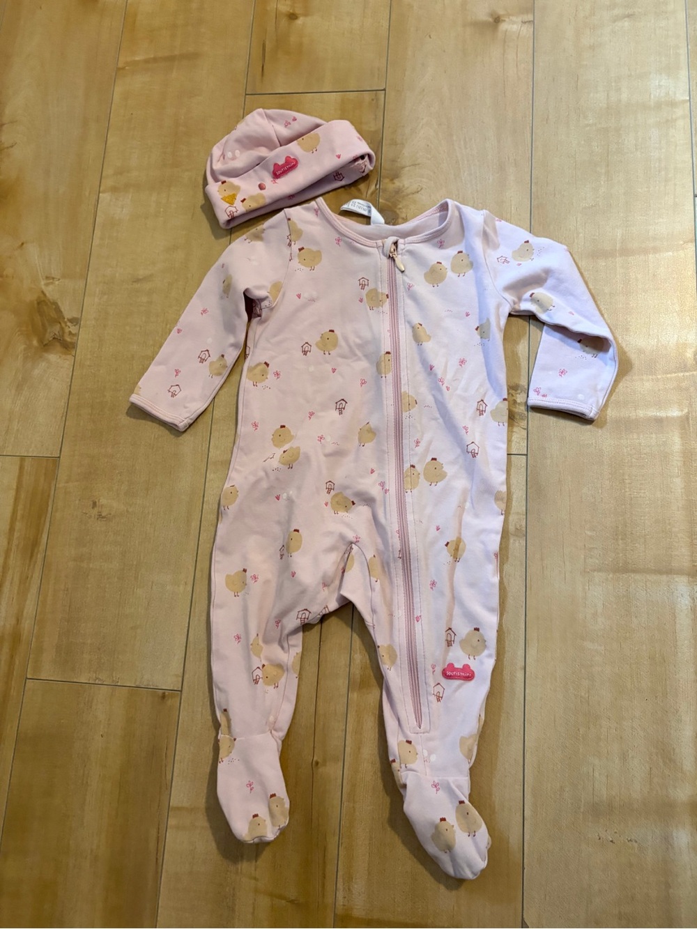 Baby Girls Pink Chick-Print Zip Footed Pajamas with Hat